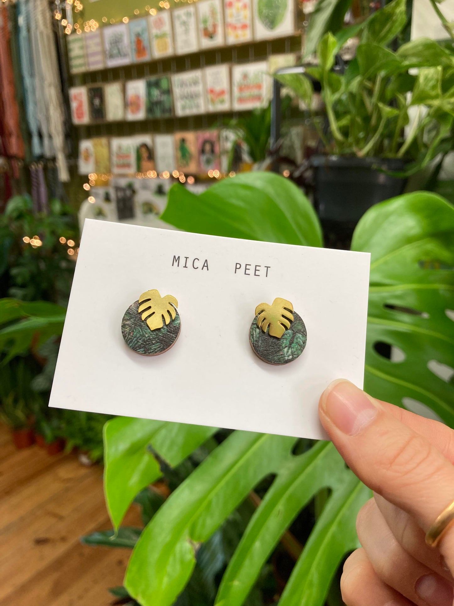 Green And Gold Monstera Studs
