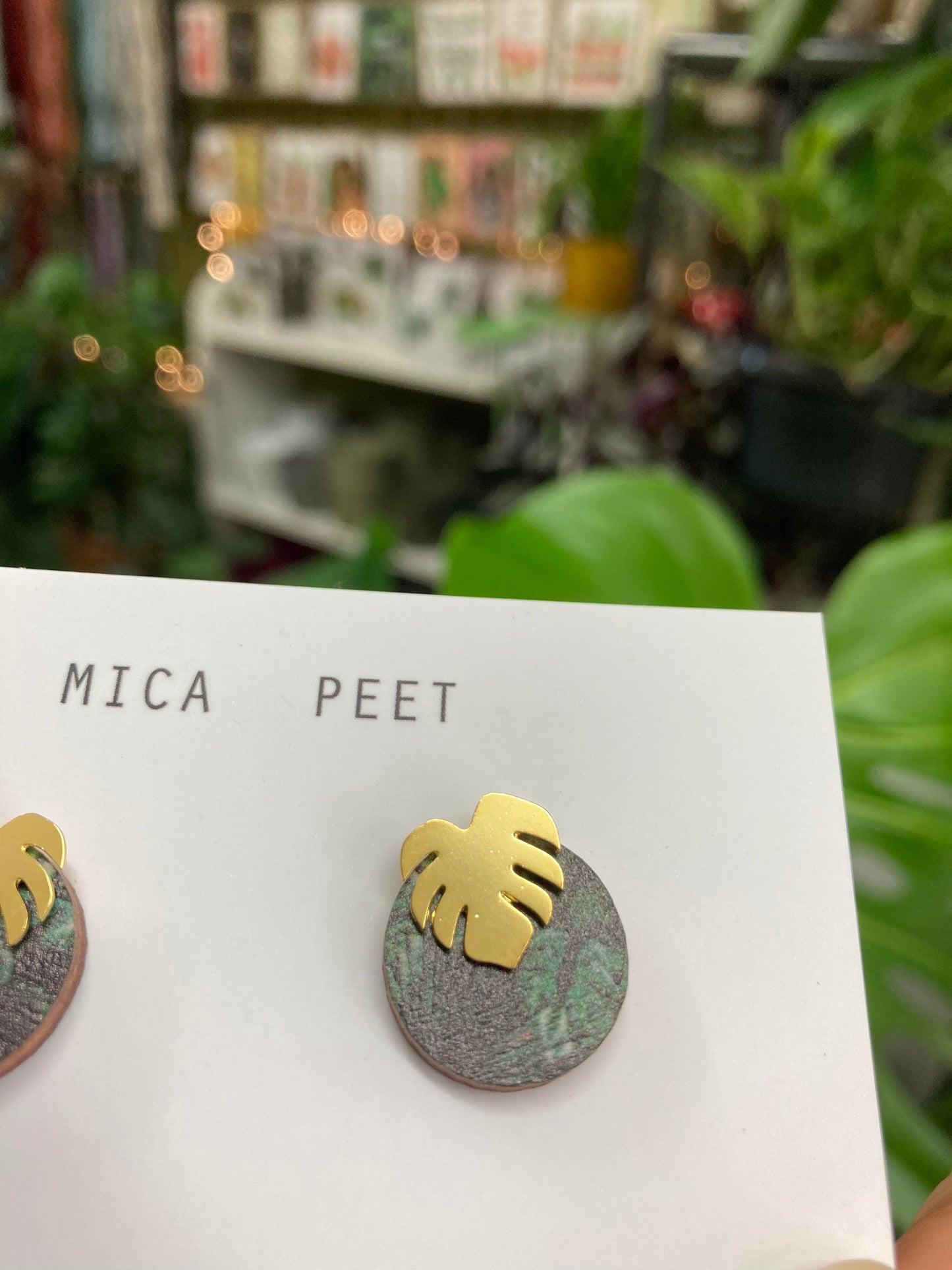 Green And Gold Monstera Studs