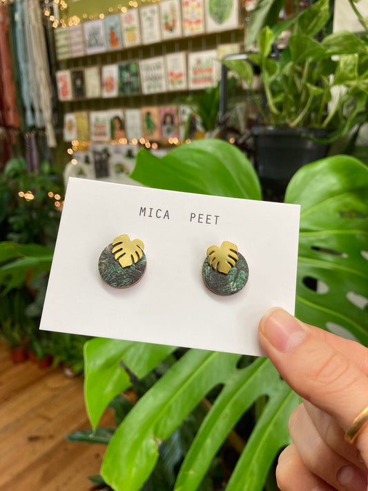 Green And Gold Monstera Studs