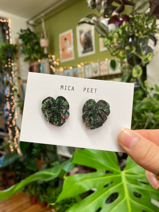 Green Monstera Studs